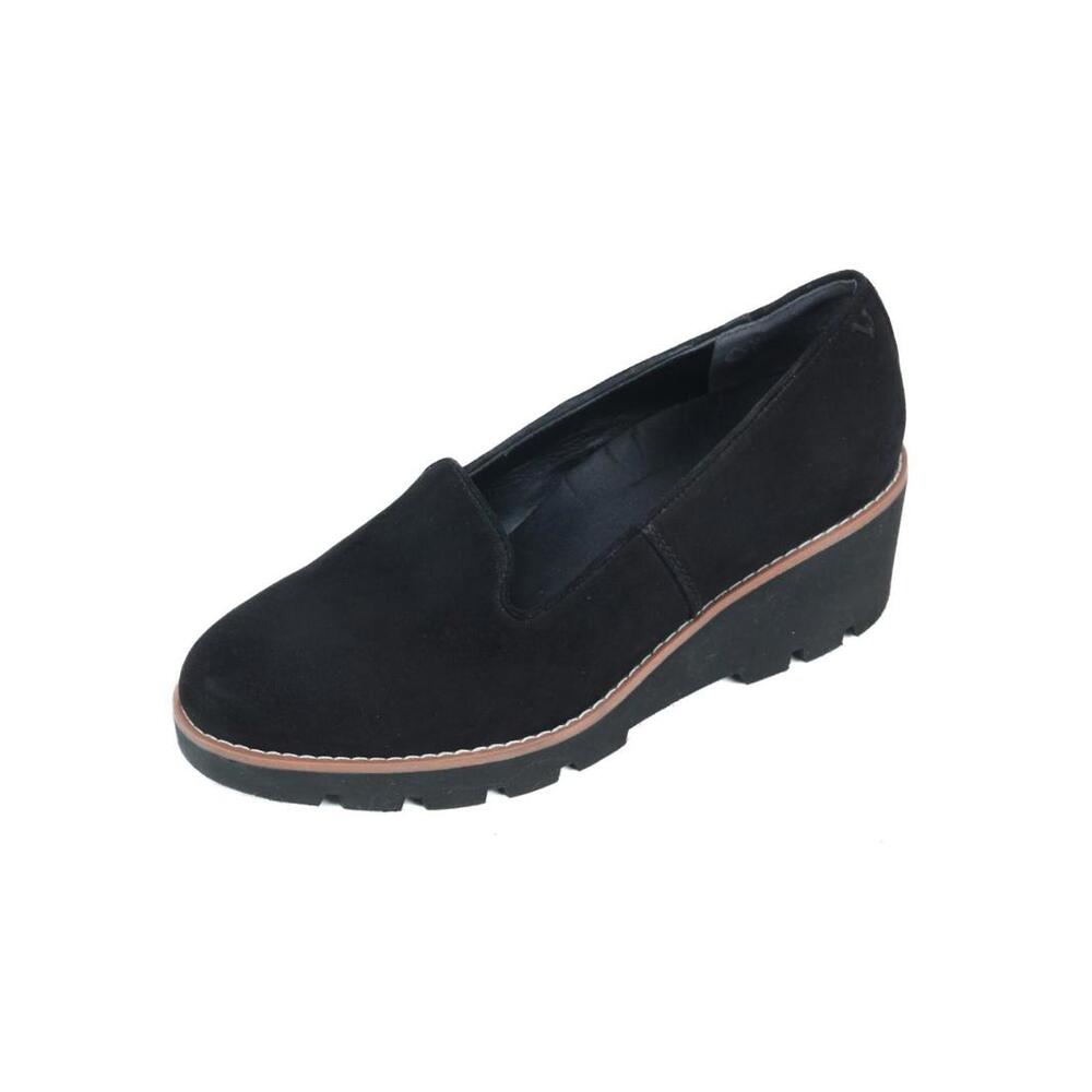 Vionic Willa Wedge Suede Slip On Shoes Womens Black loafers sz 7 W WIDE